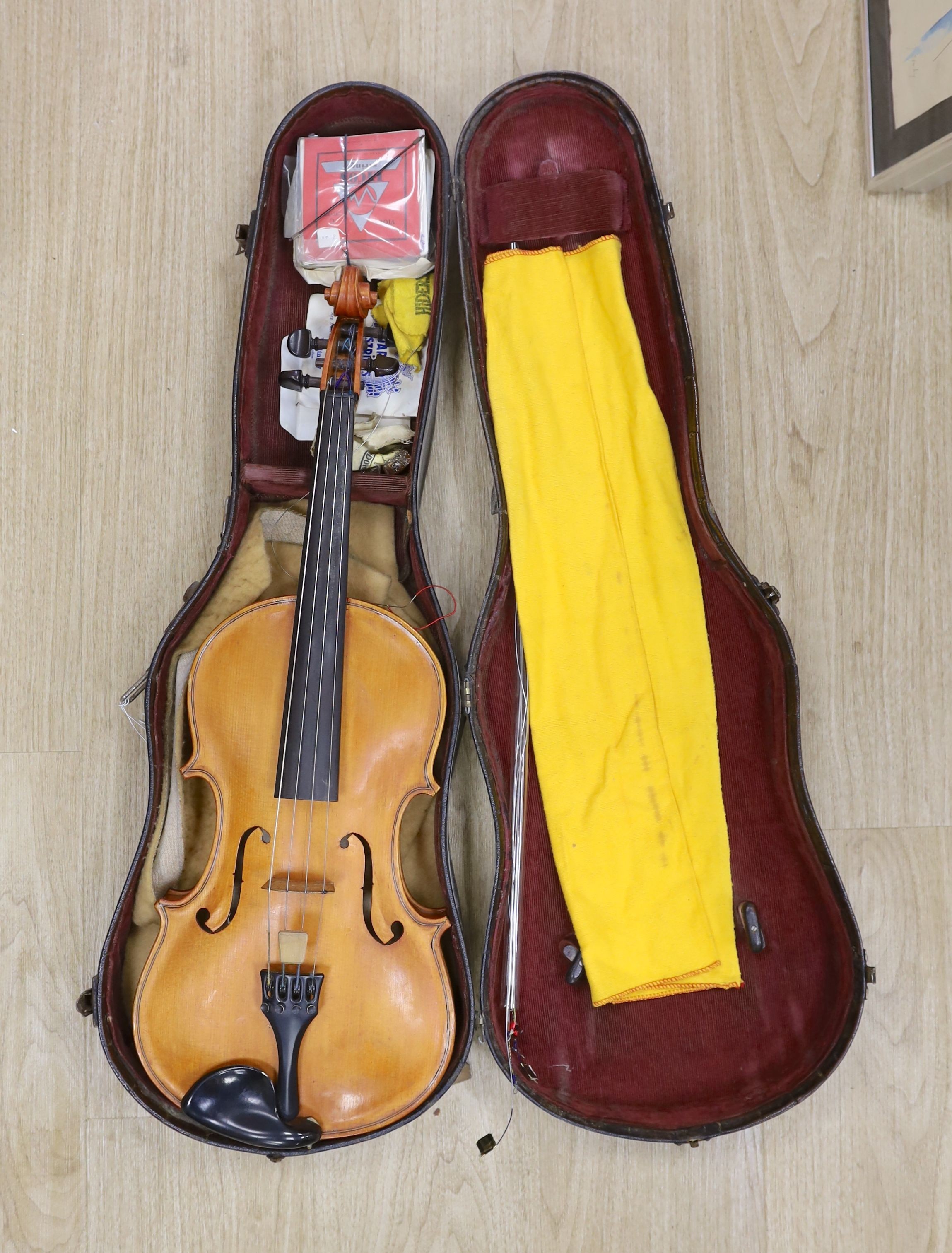 A 20th century Viola, unlabelled with 2 piece 16 inch back, cased